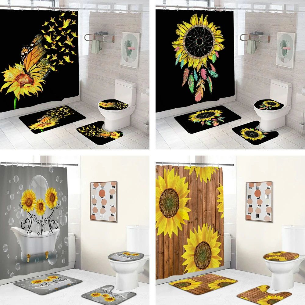 Sunflower Black Shower Curtains Beautiful Flowers 3d Print Toilet Cover Bath Mat Non-Slip Rug Set Bathroom Curtain with 12 Hooks
Sunflower Black Shower Curtains Beautiful Flowers 3d Print Toilet Cover Bath Mat Non-Slip Rug Set Bathroom Curtain with 12 Hooks