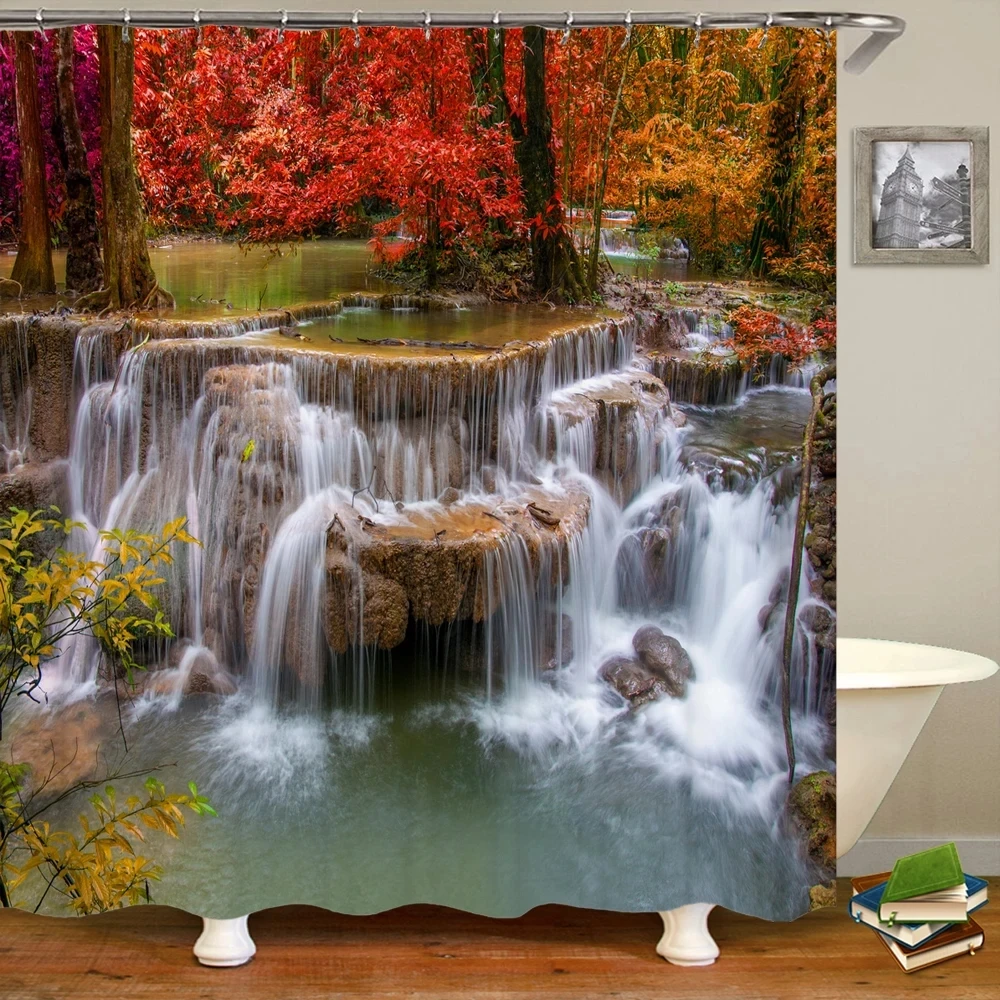 

Forest Falls Shower Curtain Autumn red maple plant Waterfall Natural landscape shower curtain Waterproof shower curtain polyeste