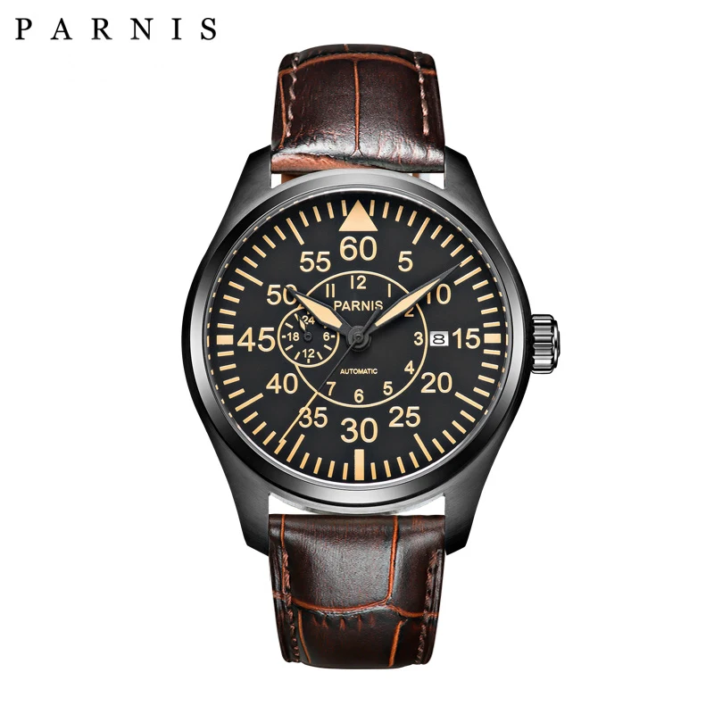 

Fashion Parnis 44mm Black Automatic Mechanical Men Watch Leather Strap Sapphire Crystal Luminous Men's Waterproof Watches 2024