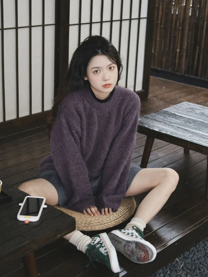 

Sweet Purple Round Neck Sweater Women Korean Academy Soft Glutinous Fashion Lazy Loose Solid Winter Retro Long Sleeve Knitwear