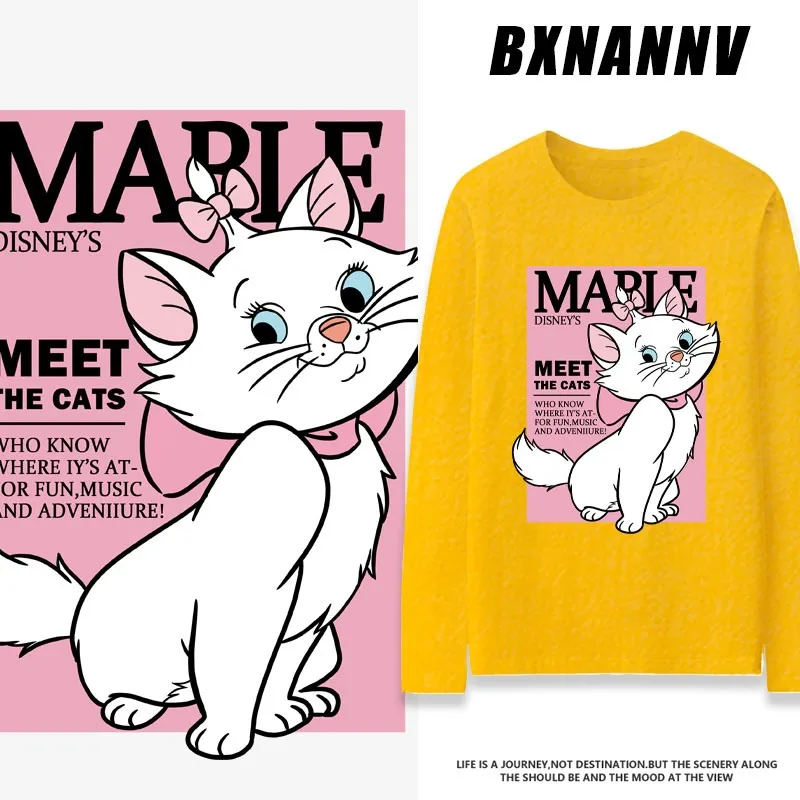 

Disney Mary Cat Co-branded Long-sleeved T-shirt Women 2024 New Top Women Design Sense Of Niche Pure Cotton Clothing Trend