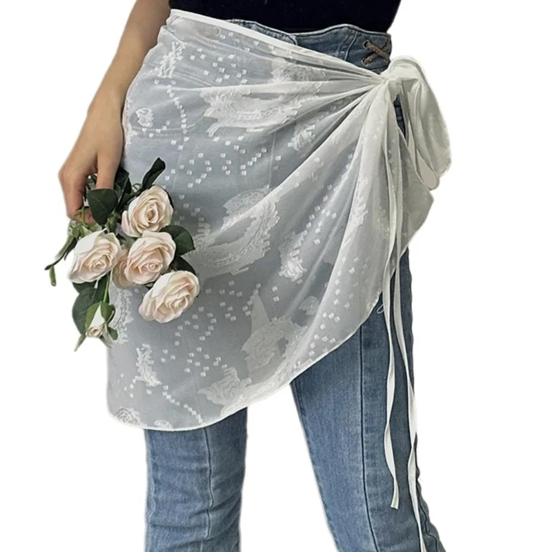 

Женский корейский стиль, прозрачный кружевной фартук с завязками, юбка, жаккардовая прозрачная верхняя юбка, шарф на бедрах,