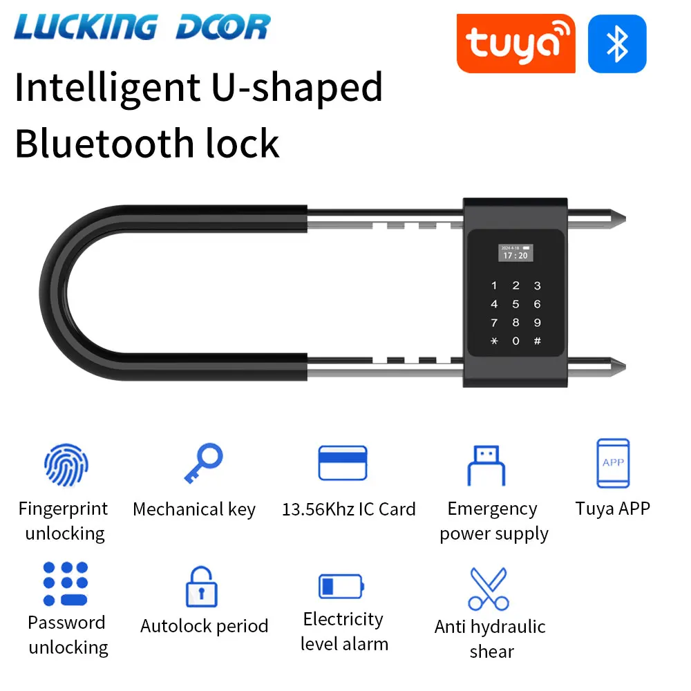 

Tuya App Smart Biometric Fingerprint Lock with Bluetooth U Shape BoltLock for Office Glass Door Electronic Digital IC Card Lock