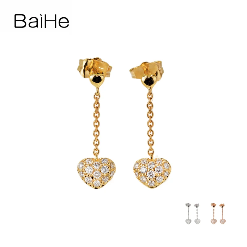 

BAIHE Solid 18K Yellow/Rose/White Gold H/SI Natural Diamonds Heart long Stud Earrings Women Trendy Fine Jewelry aretes серьги