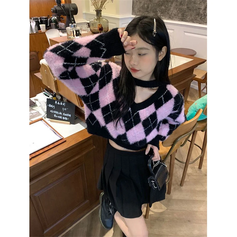 

MEXZT Y2K Argyle Sweater Women Streetwear Cropped Plaid Knitted Pullovers Harajuku Korean V Neck Knitwear Sweet Casual Jumpers