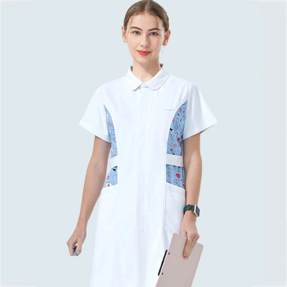 

Women's Nursing Uniforms Nurses Dresses Printed Scrubs Knee Dress Waistband Short/Long Sleeve Hospital Healthcare Suit 802