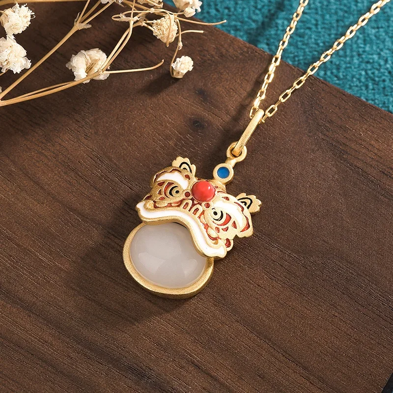 

White Jade Lion Pendant Necklace Zircon Real Luxury Designer Jadeite Men Chains Natural Fashion 925 Silver Jewelry Chinese