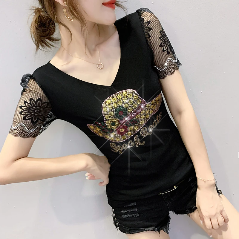 Summer European Style T-Shirt Fashion Sexy Shiny Diamonds Shirt Patchwork Lace Women Tops Casual Drilling Hot 2022 New Tees 9353
Summer European Style T-Shirt Fashion Sexy Shiny Diamonds Shirt Patchwork Lace Women Tops Casual Drilling Hot 2022 New Tees 9353