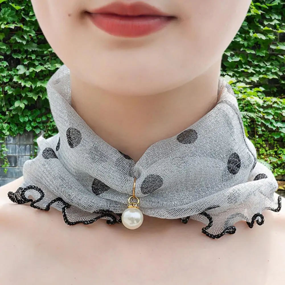 

Women Sunscreen Neck Collar Faux Pearl Decor Organza Chiffon Scarf Printing Sheer Trim Loop Scarf Neck Accessory