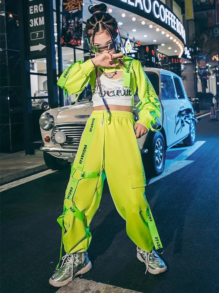 

Hip Hop Costumes Girls Fluorescent Green Tops Pants Street Dance Outfit Modern Jazz Performance Dance Wear Rave Clothes BL7110