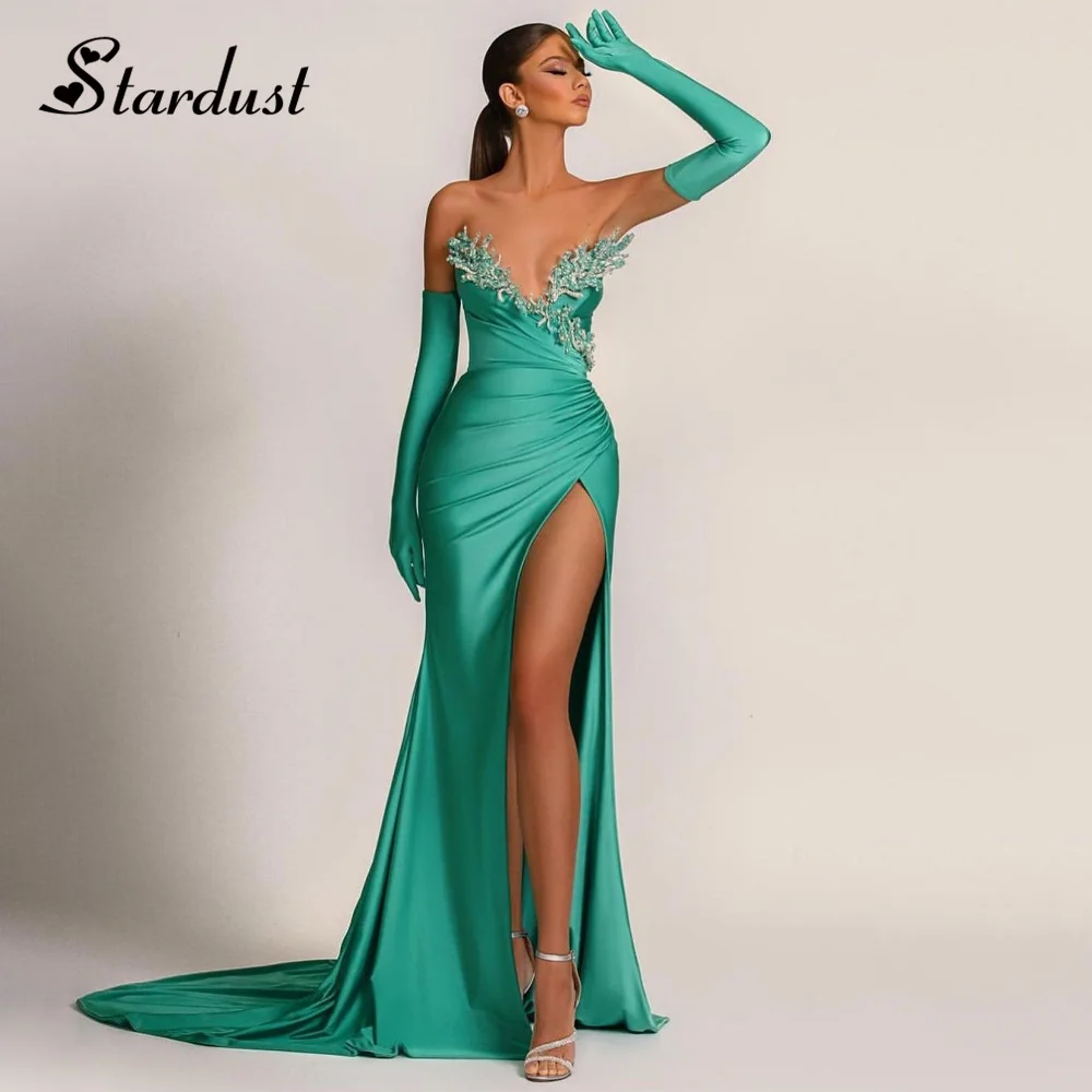 

Stardust Attractive Straight Prom Dresses Strapless Beads Diamonds Gloves High Slit Draped Vestidos de Graduación Made To Order