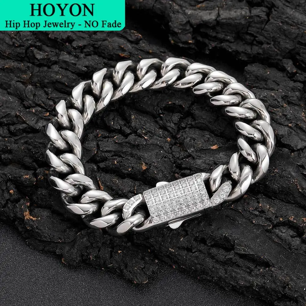 

HOYON Stainless steel Men's Cuban Bracelet Round Grinding Encrypted Hip-hop Zircon Chain Bangles Titanium Steel Jewelry Gifts