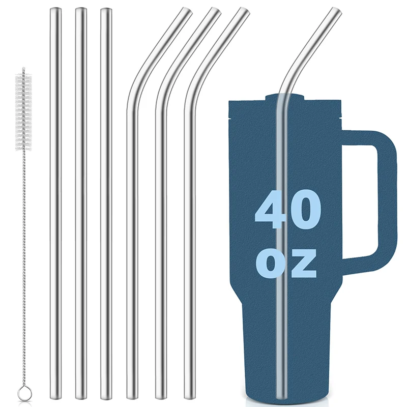 

Stainless Steel Tall Straight Straw Replacement 40 oz for Cup Extra Long Reusable Drinking Bent Straws with Cleaning Brush
