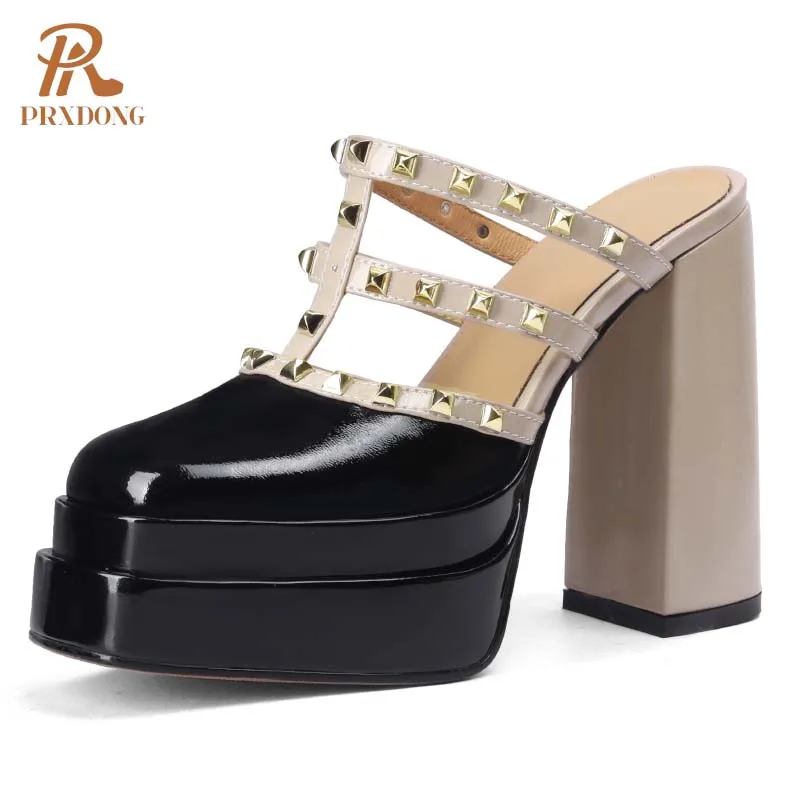 

PRXDONG Women's Shoes 2024 New Fashion Summer Sandals Chunky High Heels Platform Black Beige Genuine Leather Dress Party Lady 39