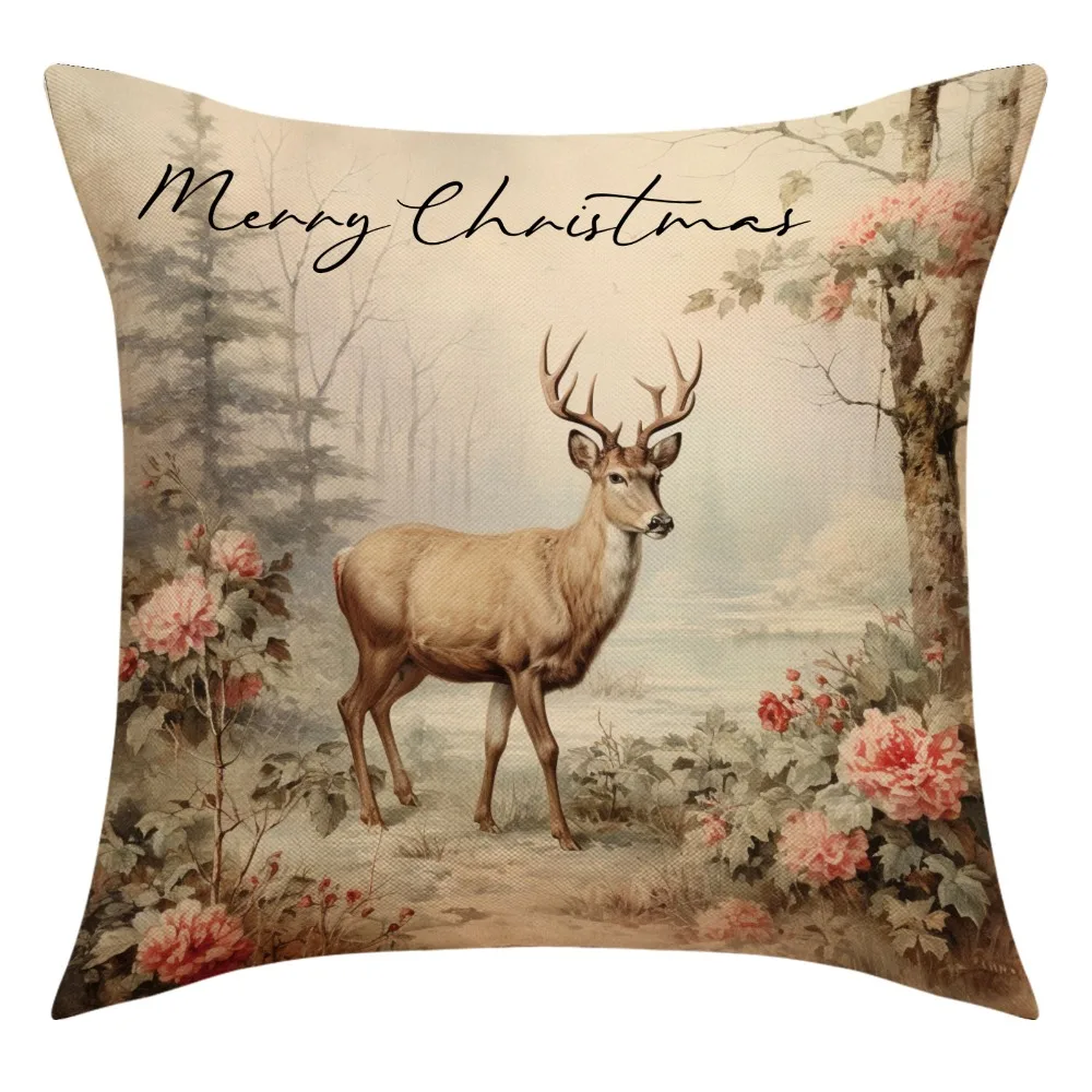 

Retro Retro Christmas Pillowcase Durable Decorate Easy To Clean Snowman Deer Pillow Cover Flax Bedside Pillowcase