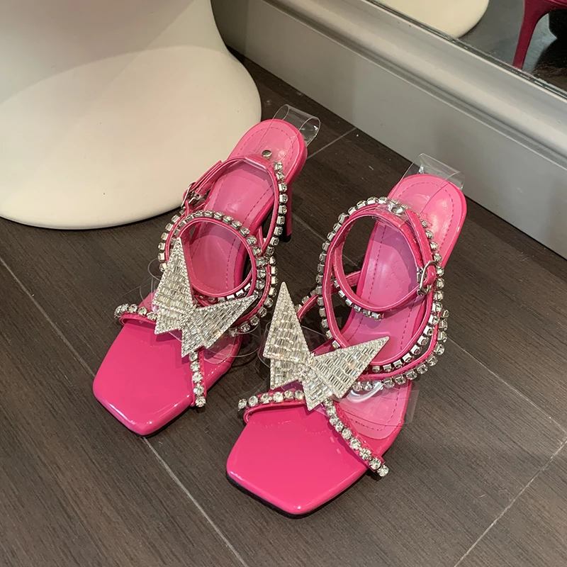 

ZOOKERLIN Square Toe Rhinestone Ankle Strap Bow Women's Sandals Solid Color Stiletto High Heel Summer Gladiator Shoes Size 35-40