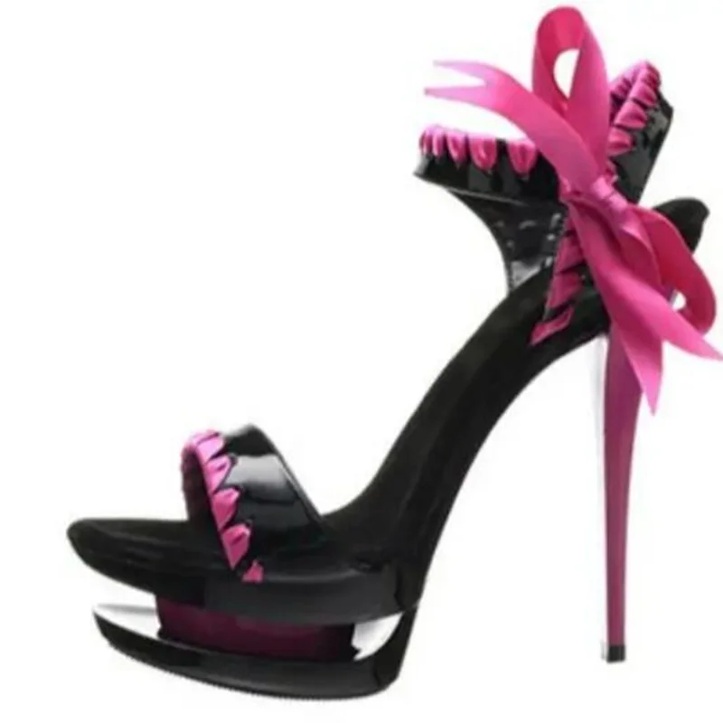 

Женские босоножки на высоком каблуке, с ремешком из розовой ленты, с бантом, с открытым носком, черный цвет, вечерняя обувь на платформе