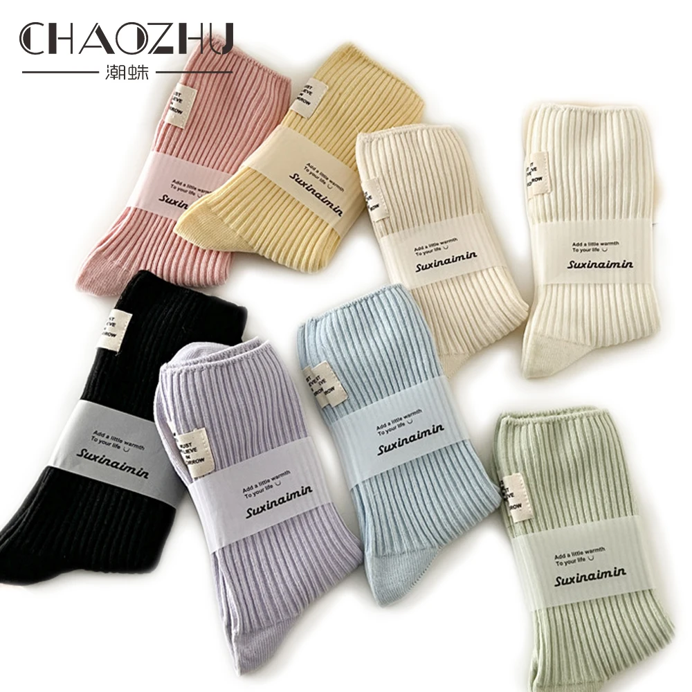 

CHAOZHU Korea Japanese Double Knitted Rib Cotton Labeling Fashion Casual Basic Daily Women Girls Socks 1 Pairs