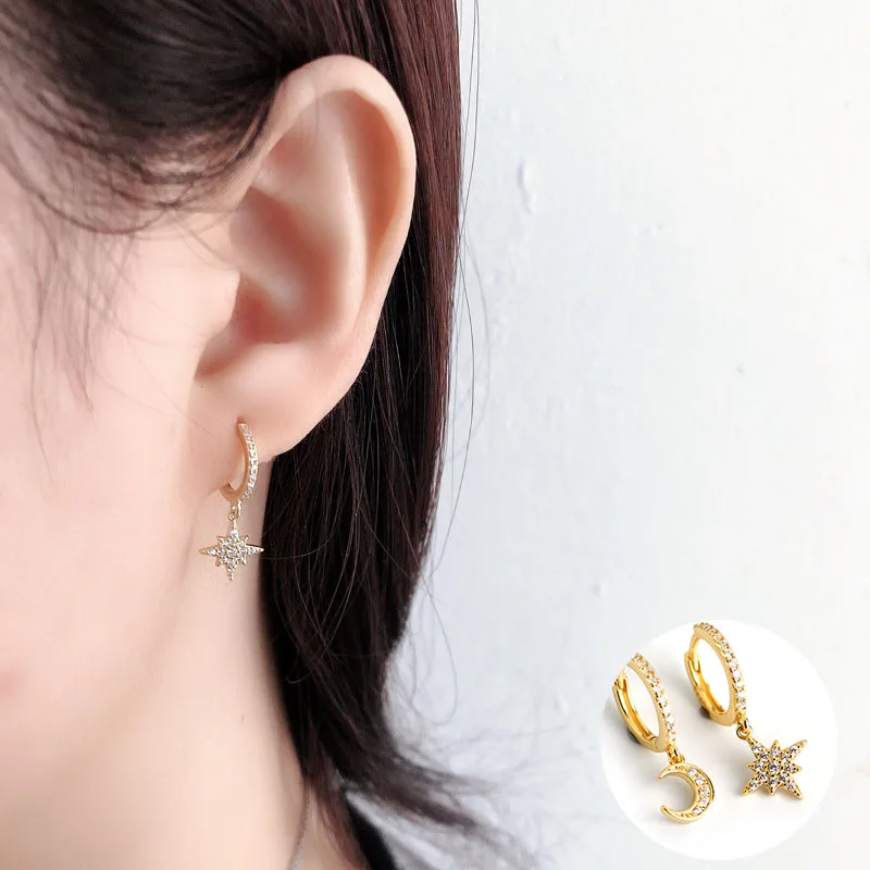 

100% 925 Sterling Silver Gold Zircon Star Moon Earrings for Women Girl Fashion Asymmetric Jewelry Birthday Gift Dropshipping