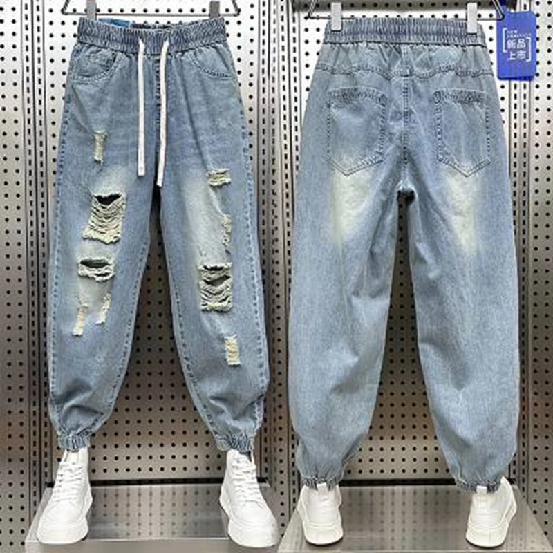

Men Broken Hole Harlan Jeans Pants Loose Contrast Color Beggar Cargo Denim Pants Baggy Jeans For Men Y2k Streetwear man pants