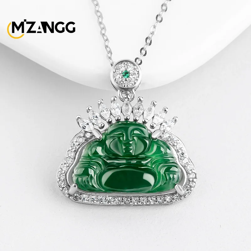 

Natural Jadeite Buddha Jade Pendant S925 Silver Inlaid Hand-carved Fashion Ice Jade Necklace Men and Women Mascots Holiday Gift