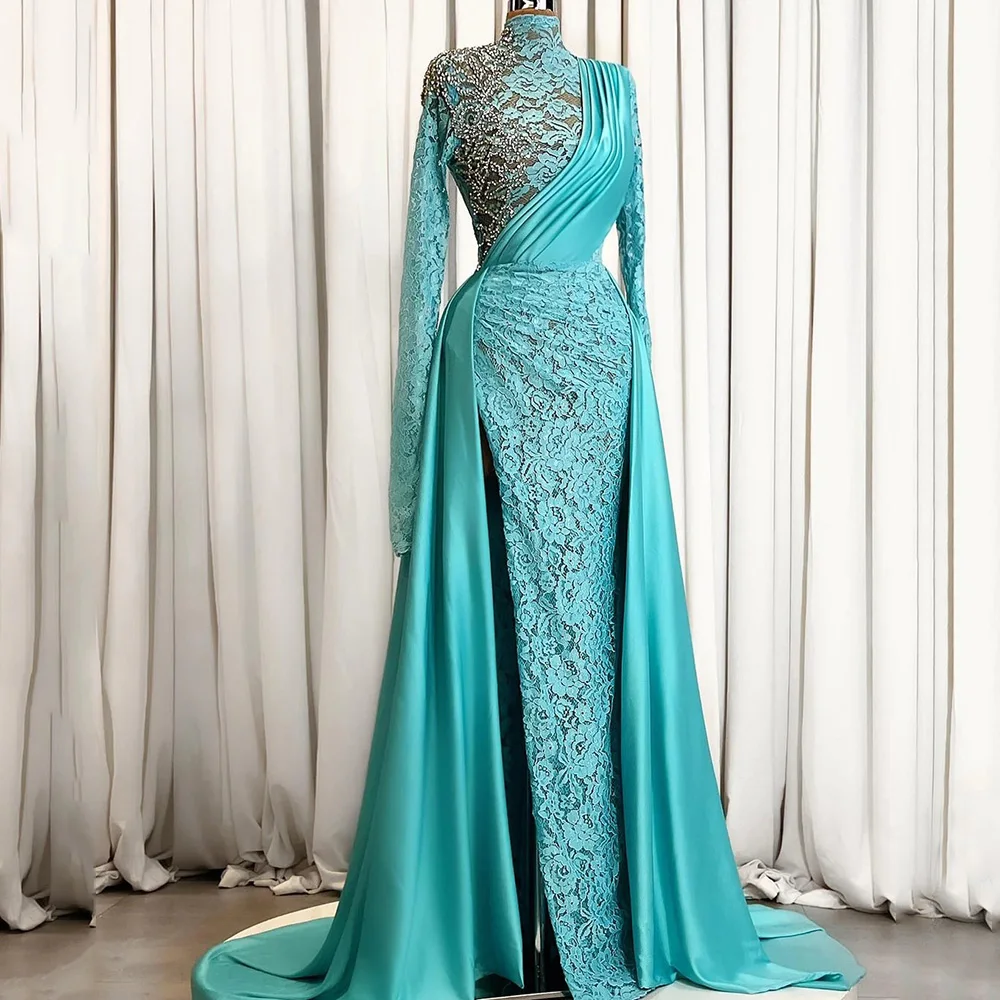 Luxury Muslim Evening Dress Lace and Satin Pleat Sheath High Neck Long Sleeves Floor Length Side Slit Women Party Wedding Gowns
Luxury Muslim Evening Dress Lace and Satin Pleat Sheath High Neck Long Sleeves Floor Length Side Slit Women Party Wedding Gowns