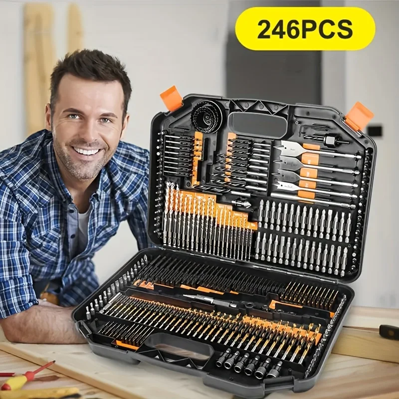 246pcs Drill Bit Set With Storage Box, HSS Twist Drill Bit, Titanium Coated Wood Metal Drill Bits For Cutting Drilling Polishing
246pcs Drill Bit Set With Storage Box, HSS Twist Drill Bit, Titanium Coated Wood Metal Drill Bits For Cutting Drilling Polishing