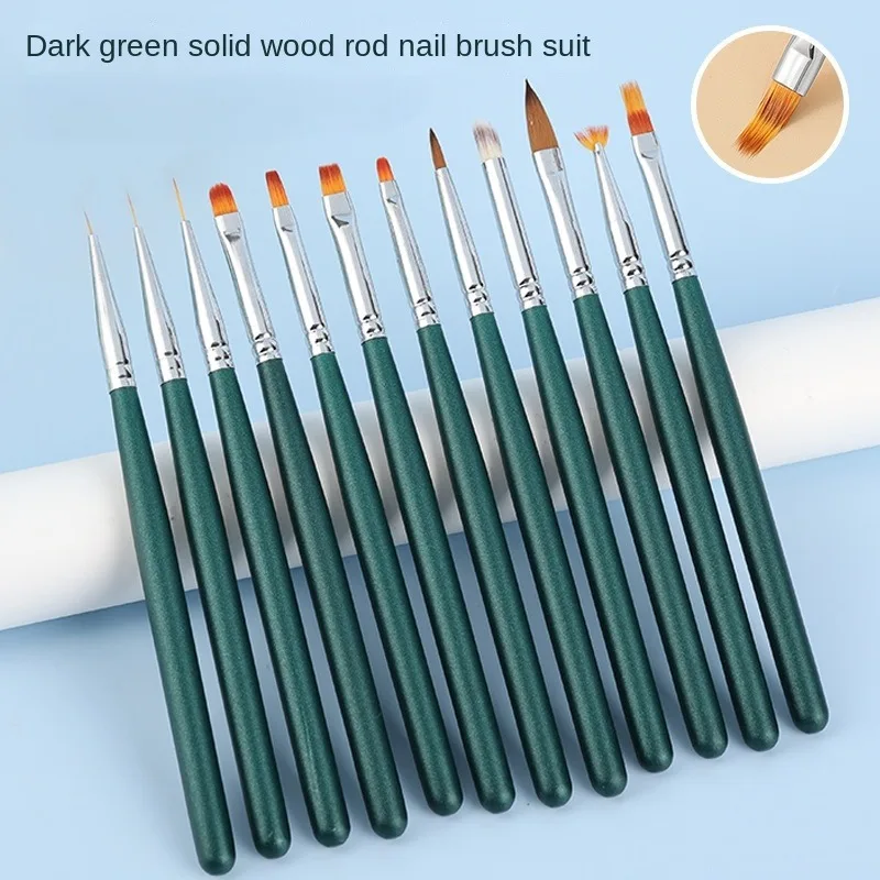 

12Pcs Wooden Nail Art Brushes For Manicure UV Gel Brush Carving Painting Line Stripes DIY Drawing Pen Blackish Green Set
