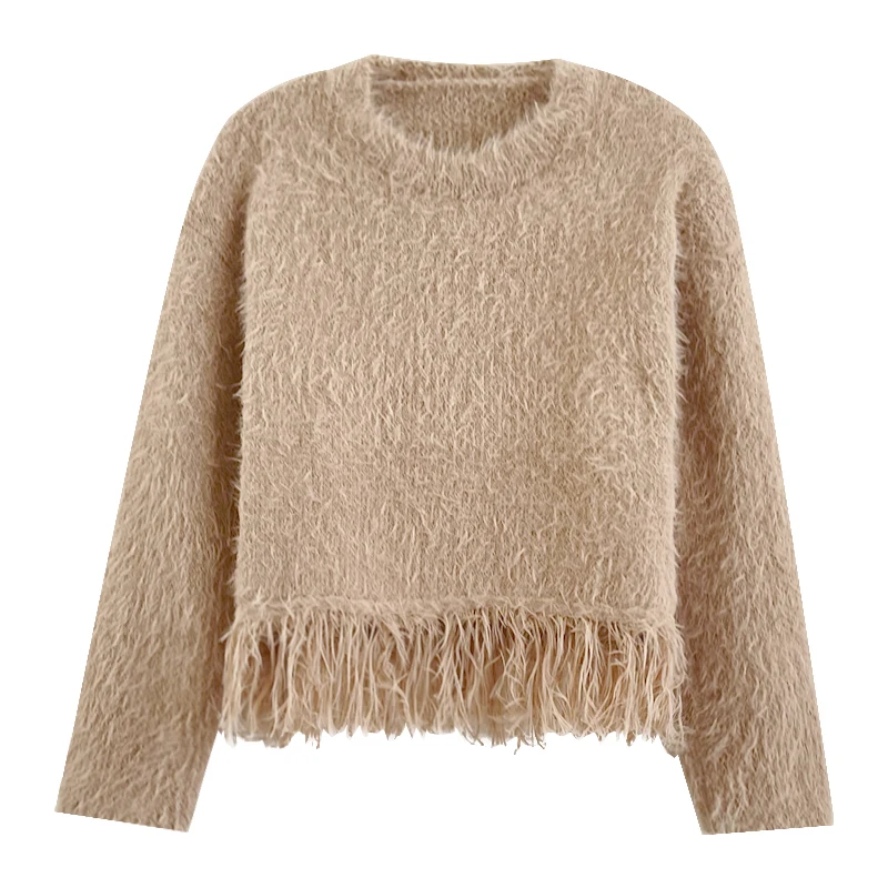 Autumn and winter vintage solid tassel temperament round neck short knit sweater
Autumn and winter vintage solid tassel temperament round neck short knit sweater