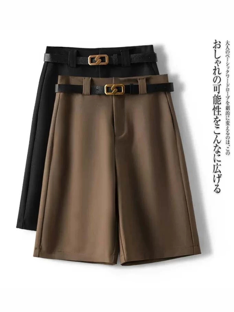 

Khaki Women Shorts High Waisted Korean Fashion Summer 2024 New Suit Shorts Casual Loose Retro Straight Black Shorts Gift Belt