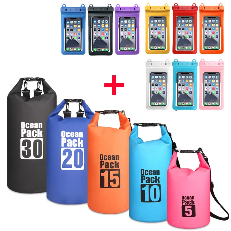 

PVC Waterproof Bag 5L 10L 20L 30L Outdoor Swimming Bag Roll Top Storage Dry Bag Backpack with Phone Case For Kayaking Boating