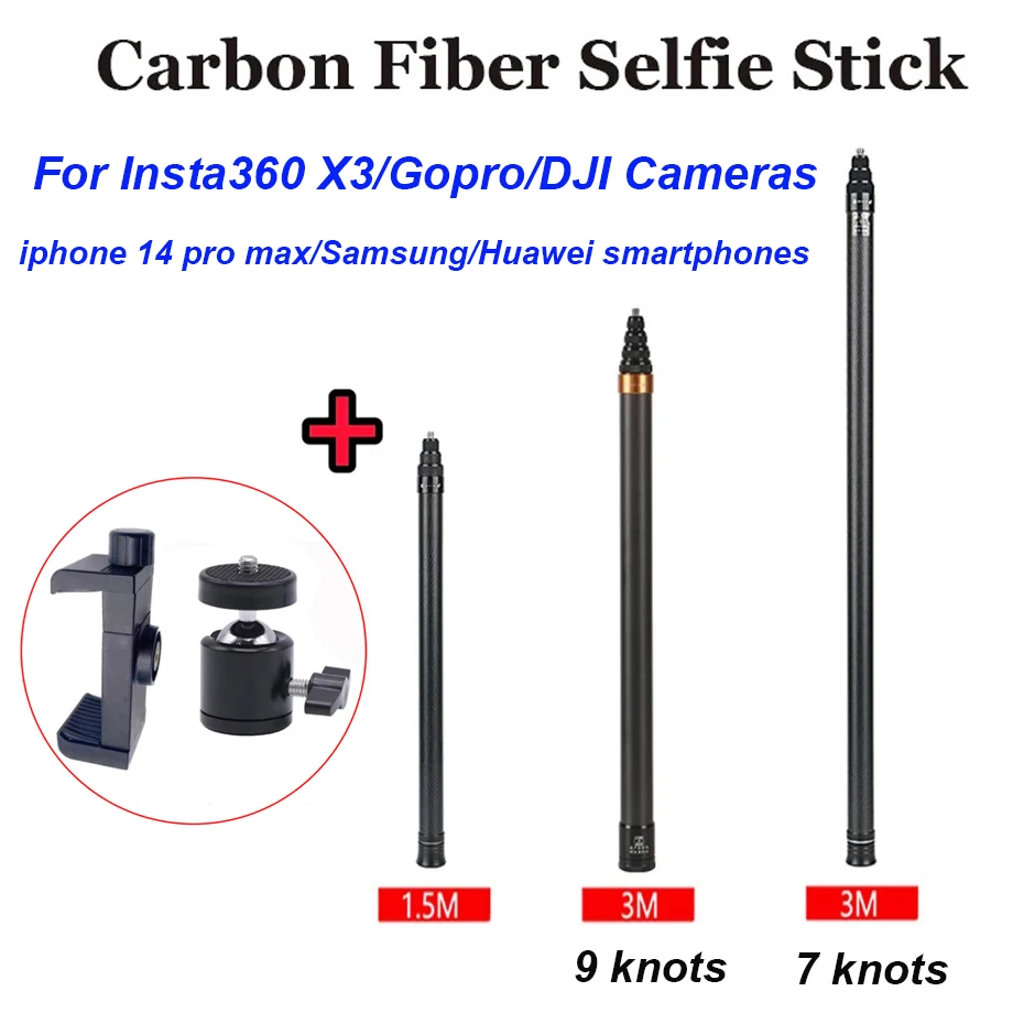 

3m 2.9M Carbon Fiber Invisible Selfie Stick for Insta360 X3 X2 Gopro 9 Scalable Monopod Extended Stick for iPhone 14 Smartphones