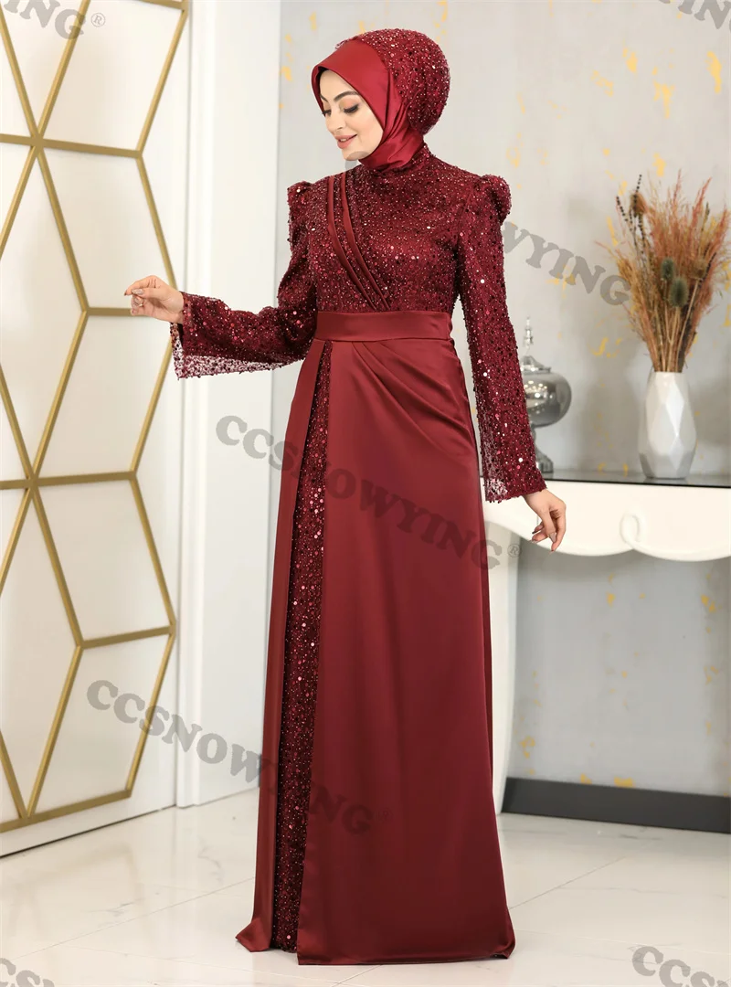 

Burgundy Satin Sequin Beaded Hijab Muslim Evening Dresses Long Sleeve Islamic Formal Party Gown Arabic Dubai Moroccan Caftan