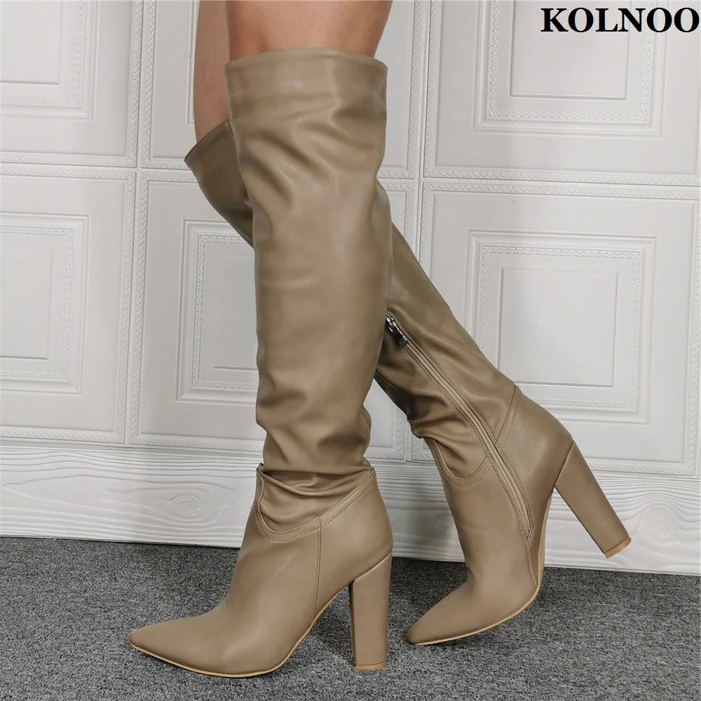 

Kolnoo New Handmade Ladies Chunky Heel Knee Boots Pointy Real Photos Large Size 35-47 Night-club Booty Evening Fashion Hot Shoes