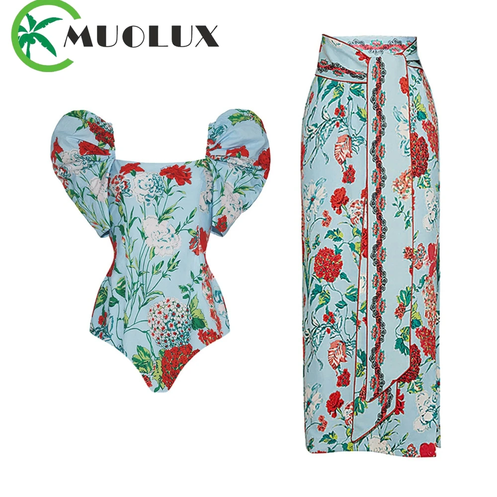 

MUOLUX 2023 Women Swimwear Sexy Puff Sleeve Print Bikinis Swimsuit Dress One Piece Beachwear BathingSuit Skirt Monokini Cover Up