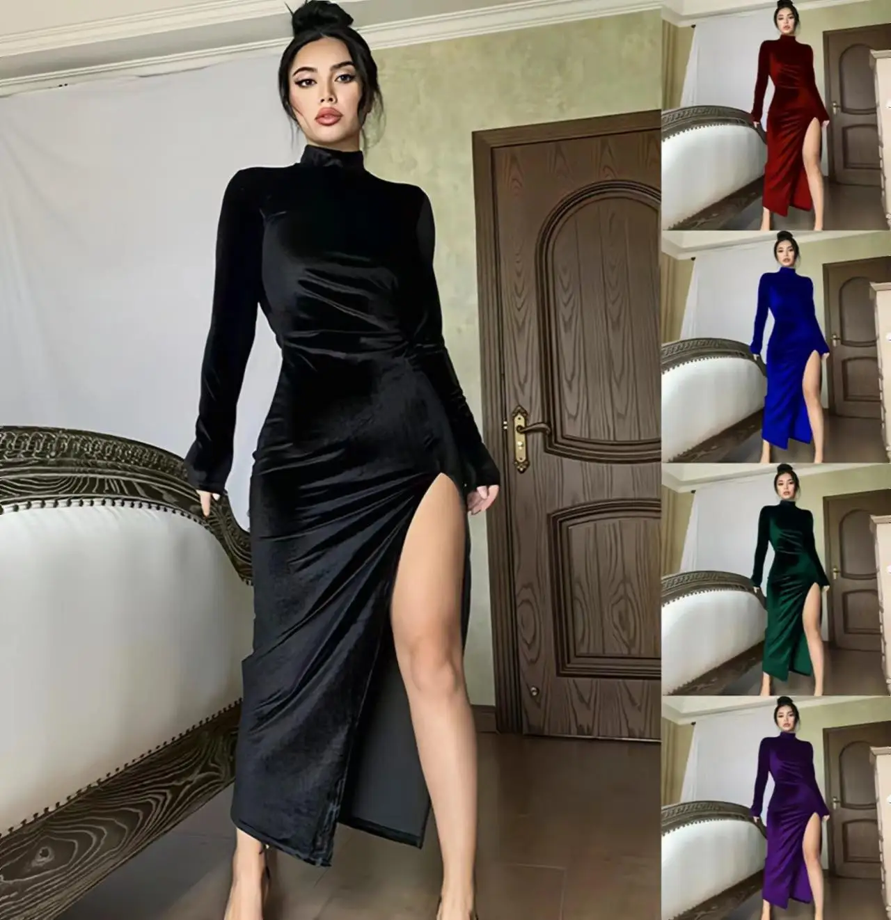 

European and American fashion women's autumn and winter high neckline long velvet solid color slim fit pleated slit dress