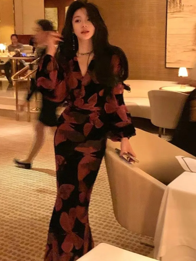 Elegant Printed Long Dresses For Women V-Neck Lantern Sleeves Bodycon Mermaid French Vintage Evening Party Vestidos Para Mujer
Elegant Printed Long Dresses For Women V-Neck Lantern Sleeves Bodycon Mermaid French Vintage Evening Party Vestidos Para Mujer