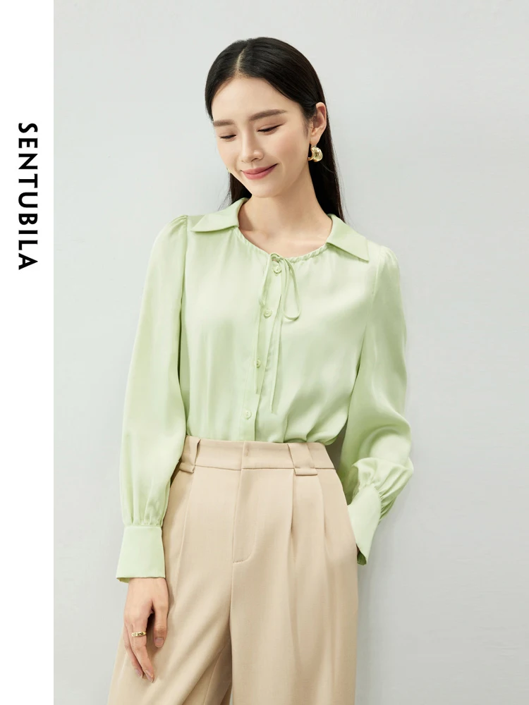 

SENTUBILA Comfort Button Up Lyocell Shirt Ladies 2024 Light Green Polo Collar Lace-up Long Sleeve Blouses Womens Tops 141C53744