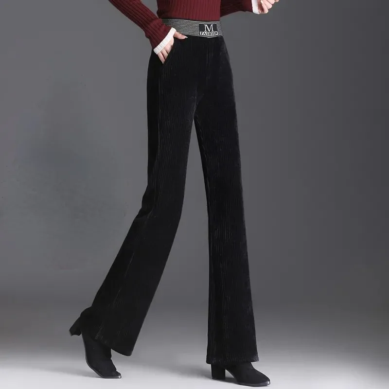 

2023 Winter Wide Leg Corduroy Pants Thicke Velvet Lined Casual Women Warm High Waist Straight Micro Flared Pants Cozy Sweatpants