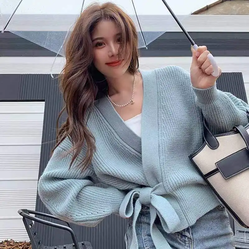 

Lace-up Long Sleeve Cardigans Women Tender Lazy Korean Style Ins Chic Knitted Sweaters Autumn Fashion Young College Girls Soft