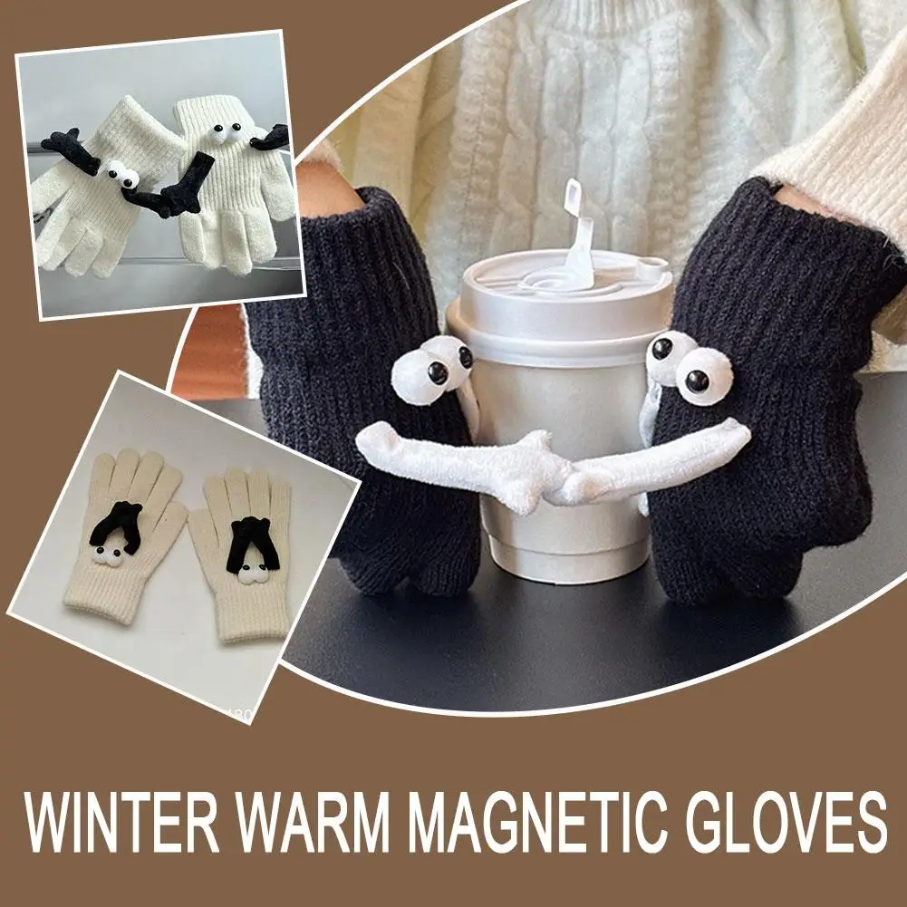 

1 Pairs Screen Hand In Hand Magnetic Knitted Gloves Eyed Doll Ins Big Wool Winter Gloves Couple Simple Mittens Warm S3C0