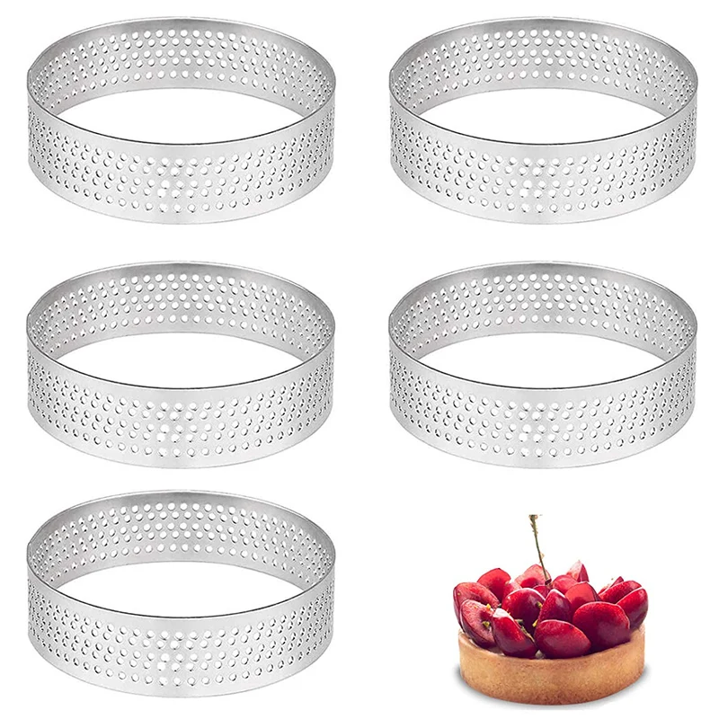 

6pcs Stainless Steel Tart Mold Ring Mousse Cake Molds Cookies Pie Pastry Circle Cutter Perforated Heat-Resistant Baking Tools
