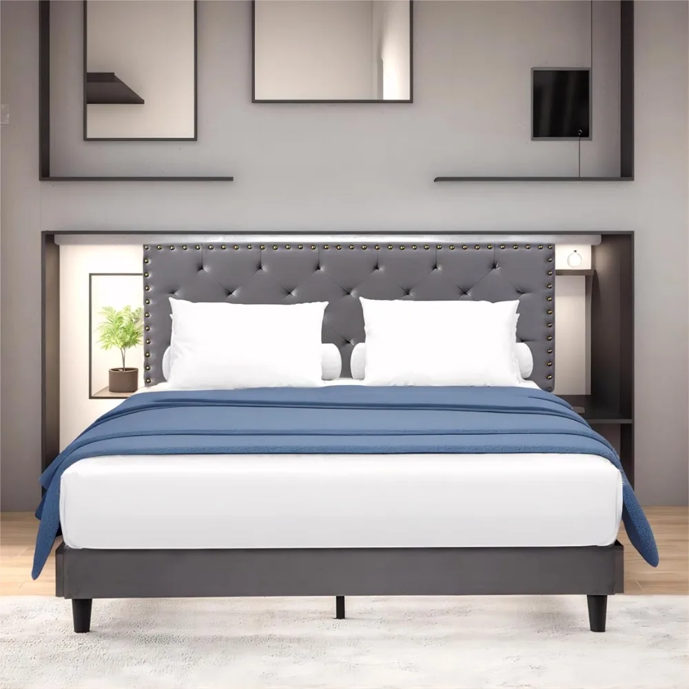 

Twin XL Velvet Bed Frame, Upholstered Platform Bed with Adjustable Tufted Headboard, Rivet Ornament, Wood Slat Support