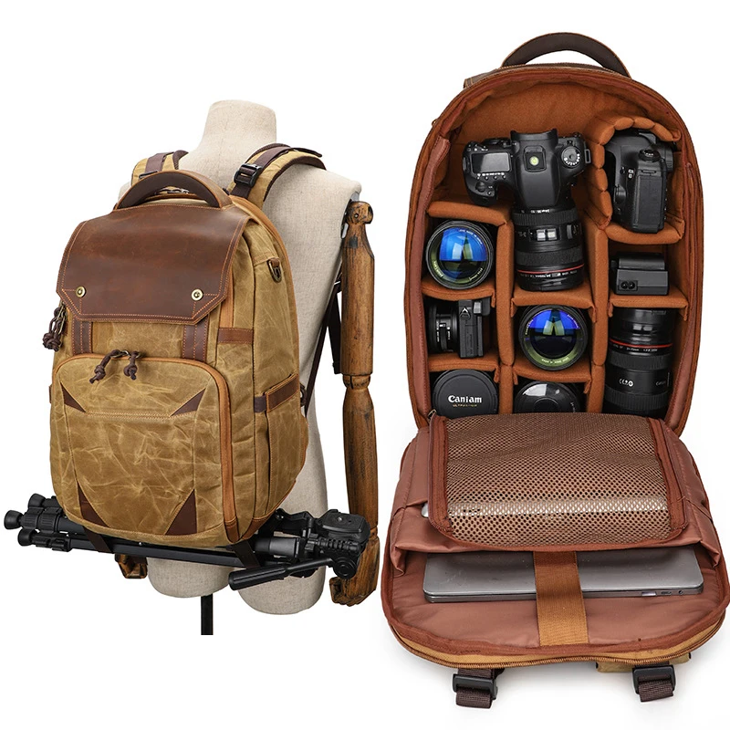 

New Waterproof Photography Retro Batik Canvas Leather Backpack w USB Port fit 15.4inch Laptop Men Camera Bag Travel Carry Case