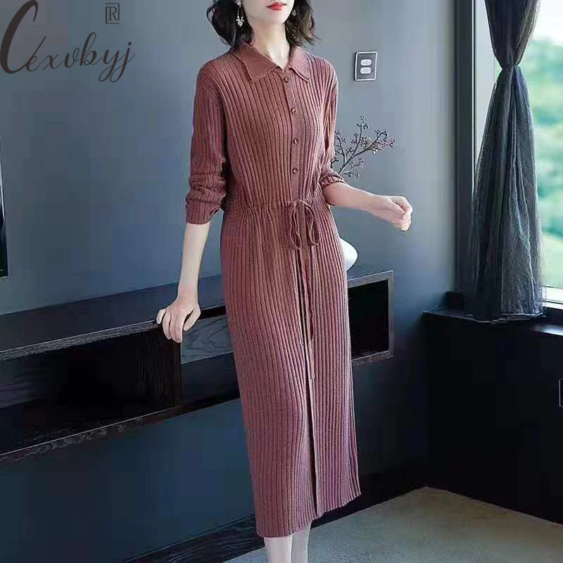 Women Casual Knitted Shirt Dress Autumn Winter Drawstring Waist Long Sleeve Bodycon Dress Loose Single Breasted Vintage Vestidos
Women Casual Knitted Shirt Dress Autumn Winter Drawstring Waist Long Sleeve Bodycon Dress Loose Single Breasted Vintage Vestidos