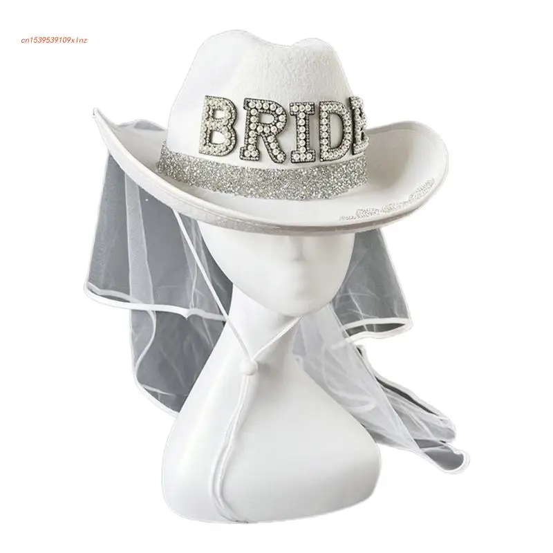 

Pearl BRIDE Letter Cowboy Hat with Long Veil Wide Brim Bridal Western Fedoras Hat for Outdoor Photoshoots Supplies