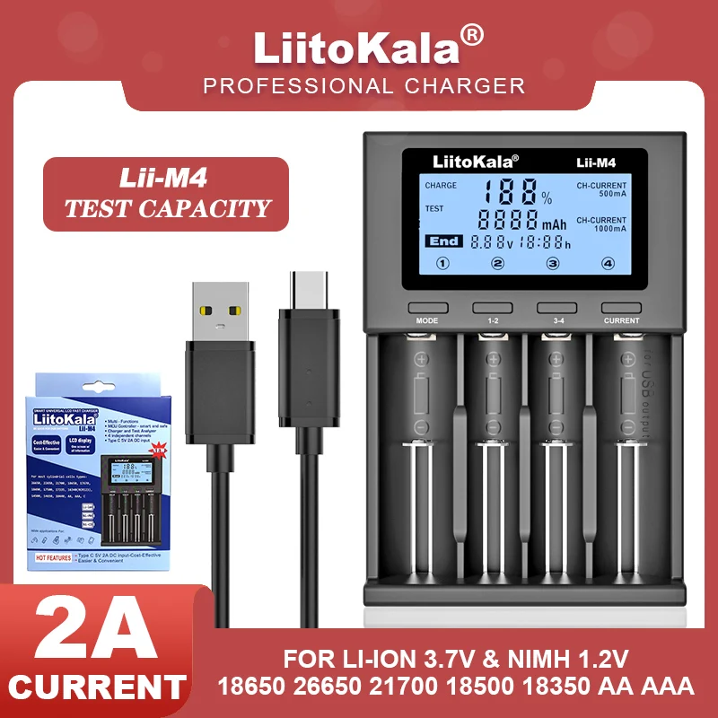 LiitoKala Lii-M4 18650 ЖК-дисплей, универсальное умное зарядное устройство, емкость для 26650 18650 21700 AA AAA
LiitoKala Lii-M4 18650 ЖК-дисплей, универсальное умное зарядное устройство, емкость для 26650 18650 21700 AA AAA