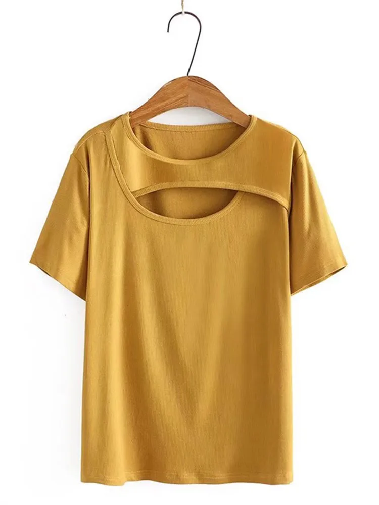 

Plus Size Women Clothing Short Sleeve T-Shirt Crew Neck Asymmetrical Cutout Chest Knitted Cotton Summer Tops Large Size T-Shirt