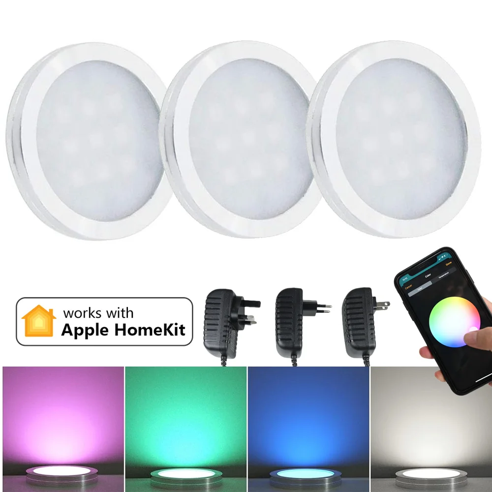 

3/6/9Pcs Homekit WiFi RGB Round LED Under Cabinet Light Dimmable Closet Wardrobe Cupboard Lamp 12V Power Kit Siri Voice Control