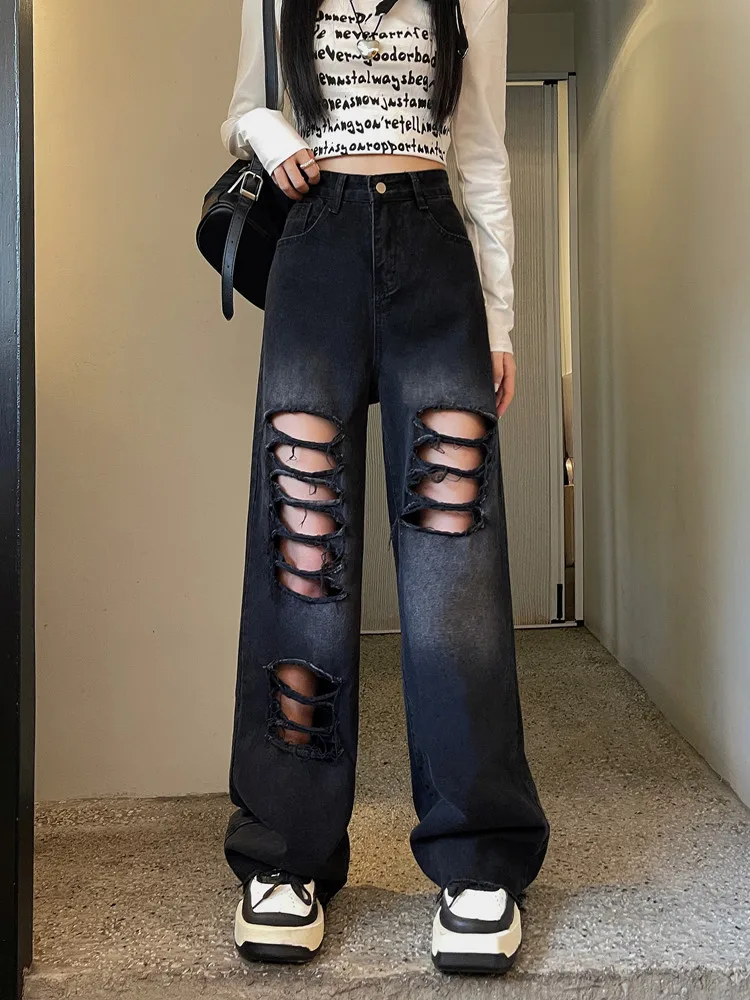 

2024 Ropa Grunge Y2K Streetwear Black Baggy Ripped Stacked Jeans Pants Clothing For Women New Rock Lady Trousers Roupas Feminina